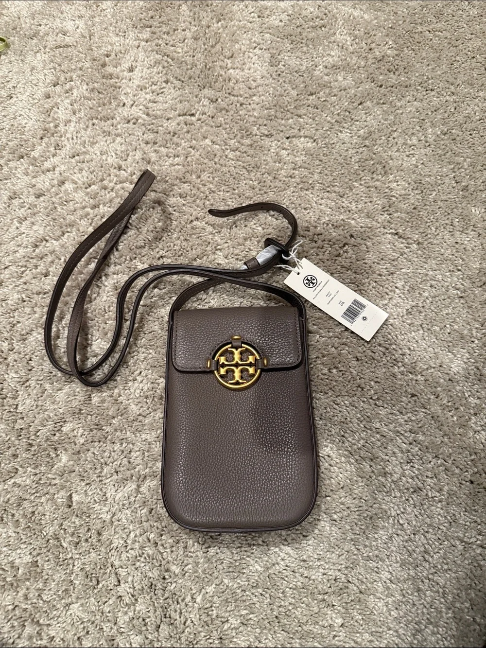 Tory Burch Brown Pebbled Leather Crossbody Phone Pouch with Gold Logo